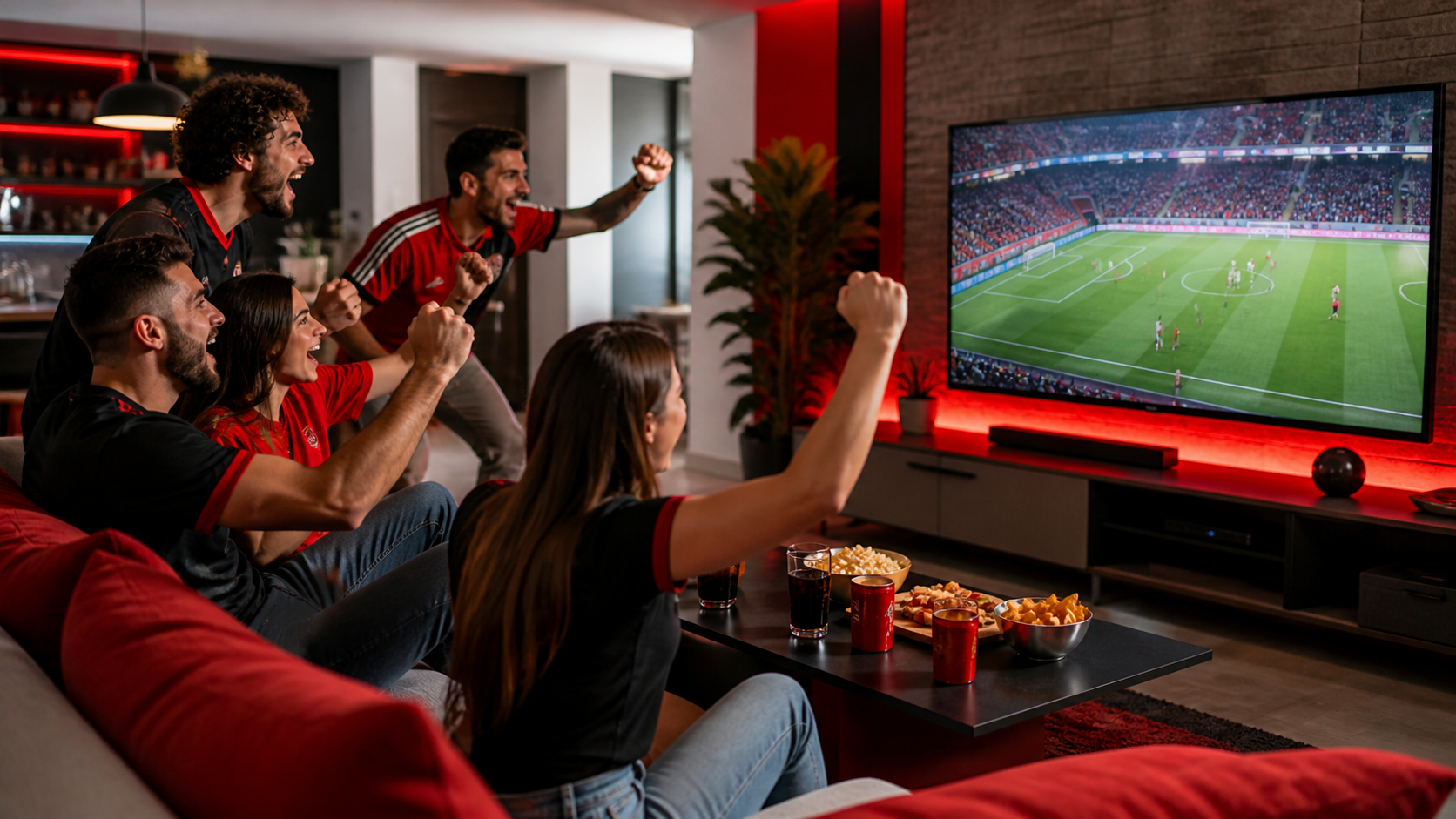 Amigos disfrutando de un partido de fútbol con IPTV España